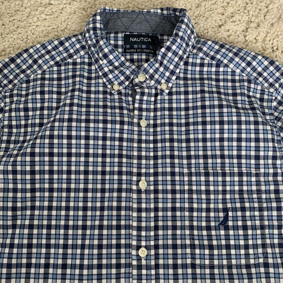Nautica Mens Large Long Sleeve Blue Check Shirt Classic Fit Stretch Button Down - Picture 1 of 7